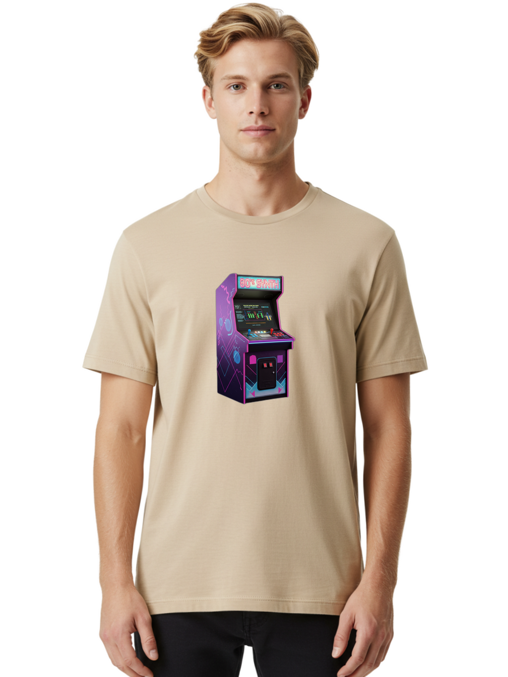 80-S-Synth-Arcade-Machine Men'S Graphic Tee, 100% Cotton, Comfortable Casual Summer Wear, Machine Washable, Retro Arcade Machine, Vintage Gaming, 80S Synth Music, Classic Video Games, Neon Lights, Pixel Art, Nostalgic Atmosphere, Baa115