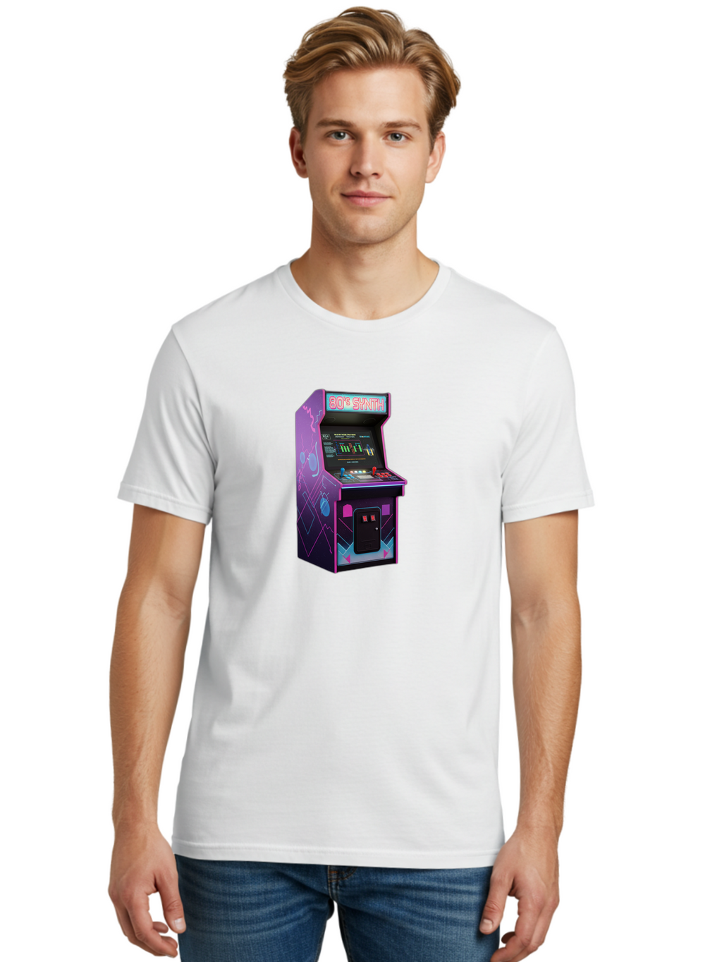 80-S-Synth-Arcade-Machine Men'S Graphic Tee, 100% Cotton, Comfortable Casual Summer Wear, Machine Washable, Retro Arcade Machine, Vintage Gaming, 80S Synth Music, Classic Video Games, Neon Lights, Pixel Art, Nostalgic Atmosphere, Baa115
