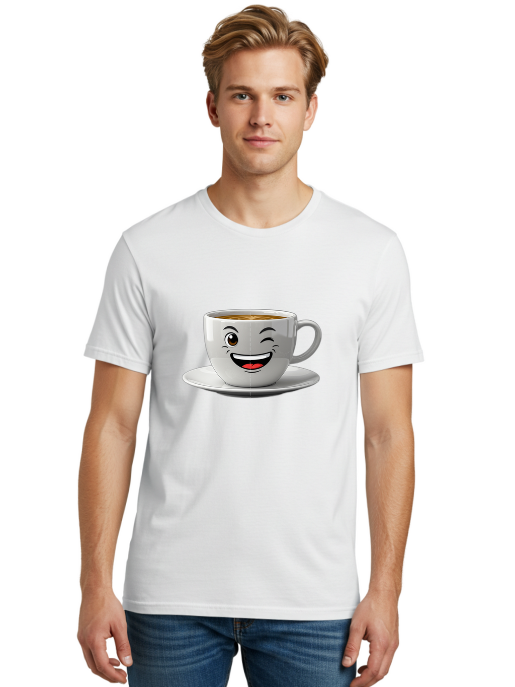 Coffee-Cup Men'S Graphic Tee, 100% Cotton, Comfortable Casual Summer Wear, Machine Washable, Coffee Cup With A Face, Winking Cup, Coffee Humor, Cartoon Coffee, Funny Coffee Cup, Smiling Coffee, Cute Coffee Mug, Coffee Lover, Baa116