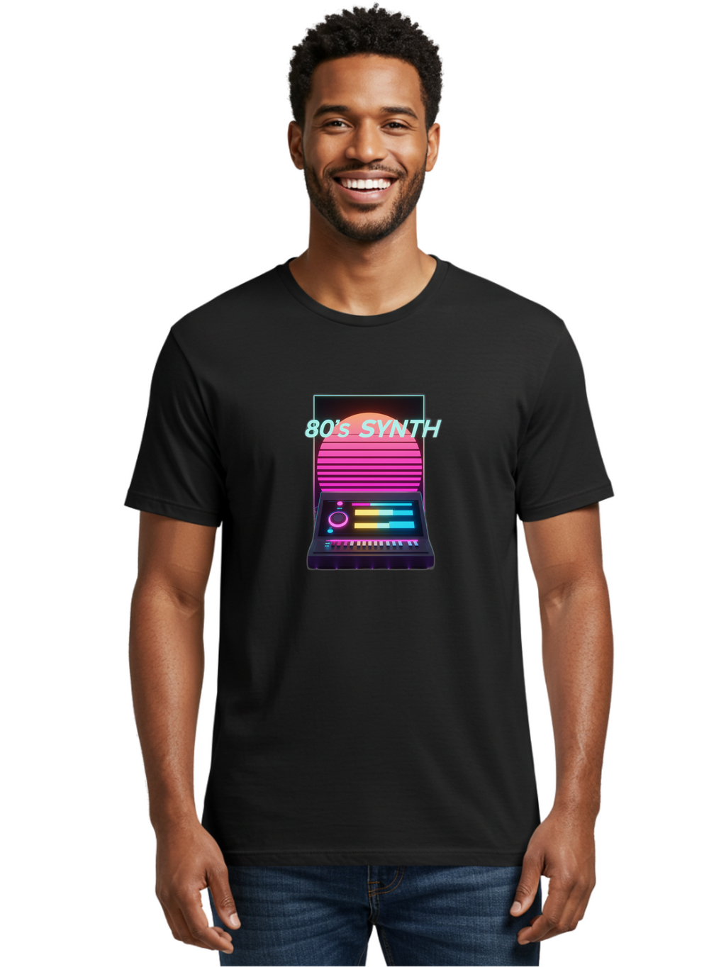 80-S-Synth Men'S Graphic Tee, 100% Cotton, Comfortable Casual Summer Wear, Machine Washable, Vintage Synthesizer, Retro 80S Aesthetic, Electronic Music Equipment, Pink And Orange Hues, Neon Lights, Colorful Sliders, Keyboard, Baa118