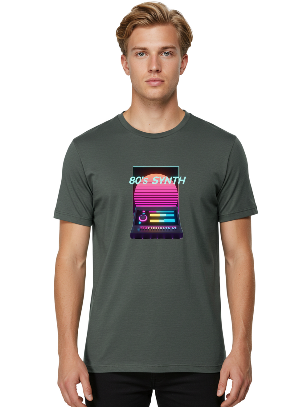80-S-Synth Men'S Graphic Tee, 100% Cotton, Comfortable Casual Summer Wear, Machine Washable, Vintage Synthesizer, Retro 80S Aesthetic, Electronic Music Equipment, Pink And Orange Hues, Neon Lights, Colorful Sliders, Keyboard, Baa118