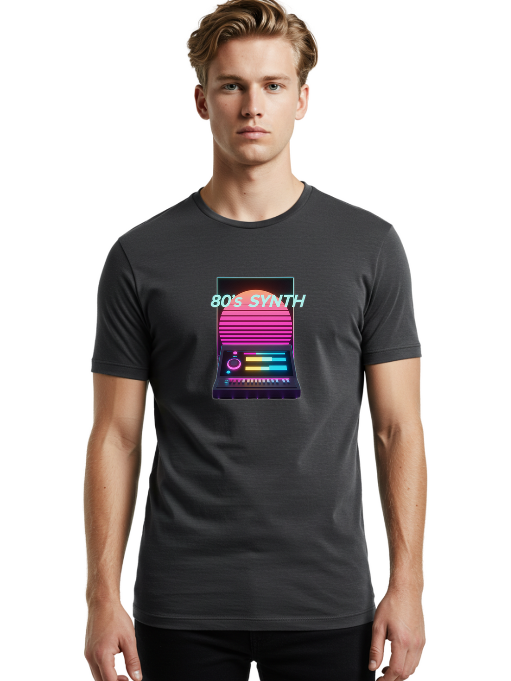 80-S-Synth Men'S Graphic Tee, 100% Cotton, Comfortable Casual Summer Wear, Machine Washable, Vintage Synthesizer, Retro 80S Aesthetic, Electronic Music Equipment, Pink And Orange Hues, Neon Lights, Colorful Sliders, Keyboard, Baa118