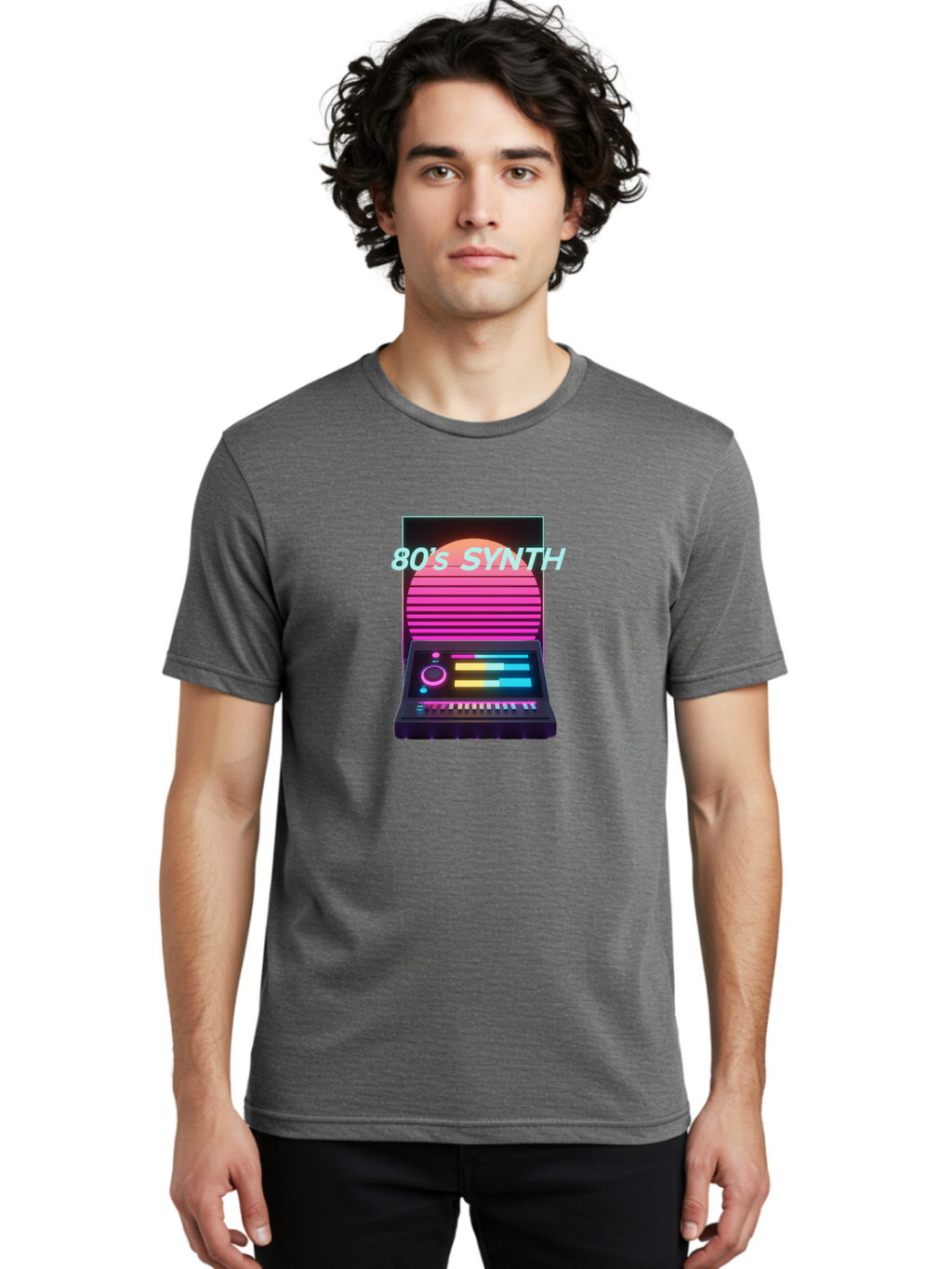 80-S-Synth Men'S Graphic Tee, 100% Cotton, Comfortable Casual Summer Wear, Machine Washable, Vintage Synthesizer, Retro 80S Aesthetic, Electronic Music Equipment, Pink And Orange Hues, Neon Lights, Colorful Sliders, Keyboard, Baa118