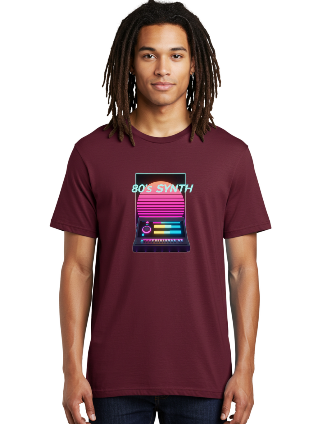 80-S-Synth Men'S Graphic Tee, 100% Cotton, Comfortable Casual Summer Wear, Machine Washable, Vintage Synthesizer, Retro 80S Aesthetic, Electronic Music Equipment, Pink And Orange Hues, Neon Lights, Colorful Sliders, Keyboard, Baa118