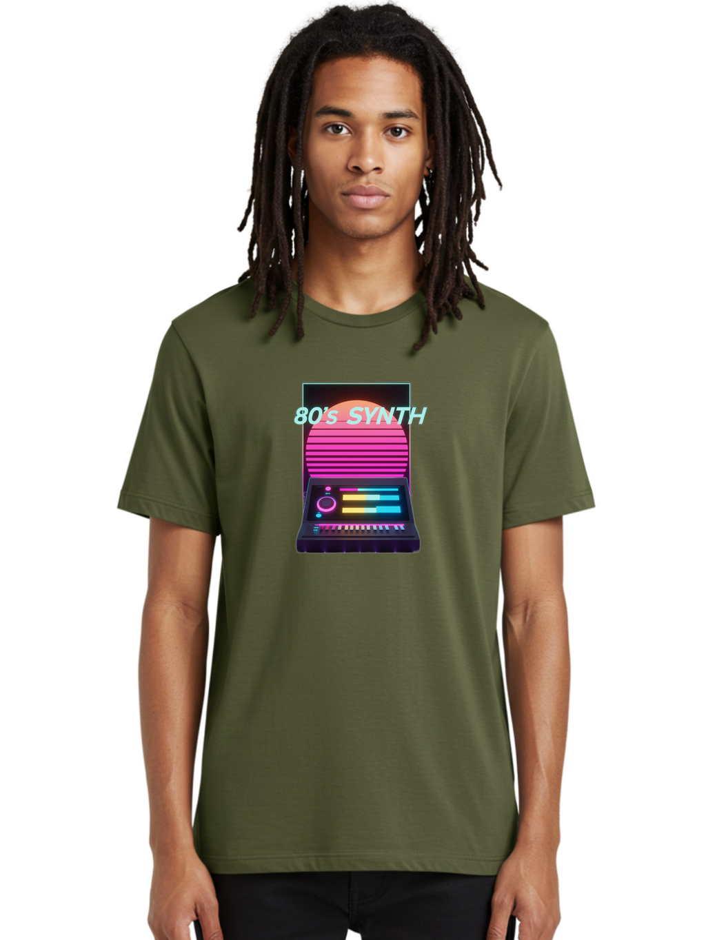 80-S-Synth Men'S Graphic Tee, 100% Cotton, Comfortable Casual Summer Wear, Machine Washable, Vintage Synthesizer, Retro 80S Aesthetic, Electronic Music Equipment, Pink And Orange Hues, Neon Lights, Colorful Sliders, Keyboard, Baa118