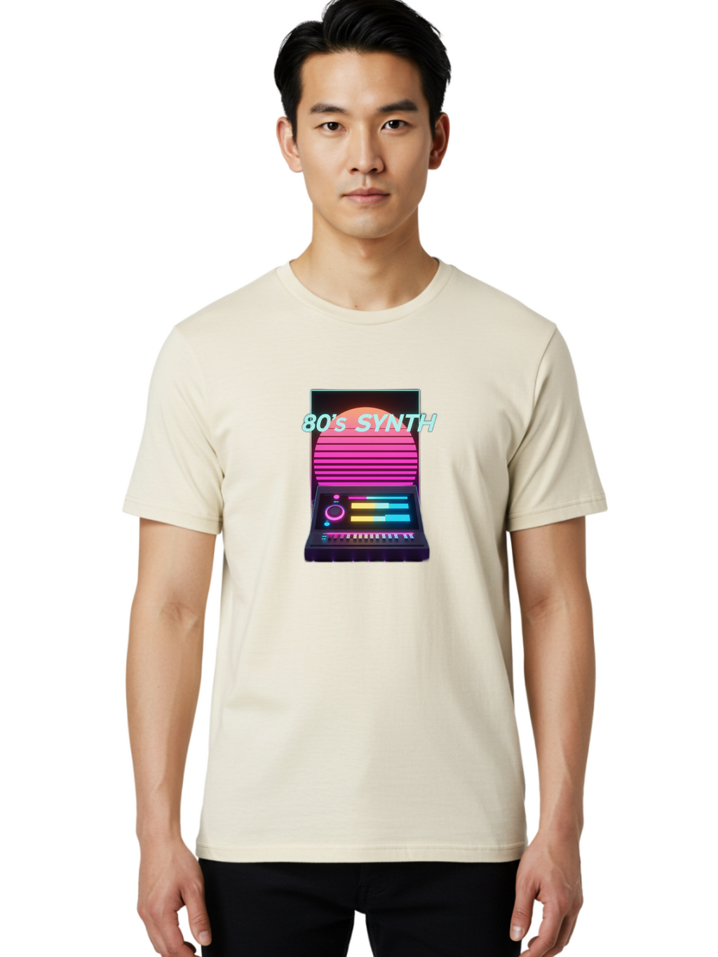 80-S-Synth Men'S Graphic Tee, 100% Cotton, Comfortable Casual Summer Wear, Machine Washable, Vintage Synthesizer, Retro 80S Aesthetic, Electronic Music Equipment, Pink And Orange Hues, Neon Lights, Colorful Sliders, Keyboard, Baa118