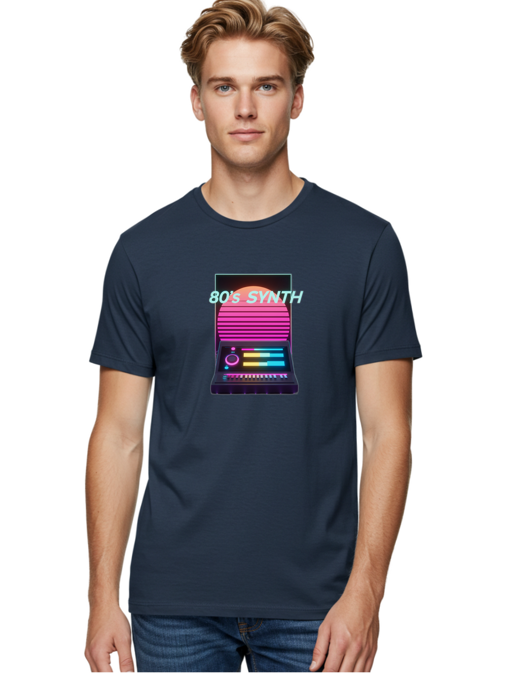 80-S-Synth Men'S Graphic Tee, 100% Cotton, Comfortable Casual Summer Wear, Machine Washable, Vintage Synthesizer, Retro 80S Aesthetic, Electronic Music Equipment, Pink And Orange Hues, Neon Lights, Colorful Sliders, Keyboard, Baa118