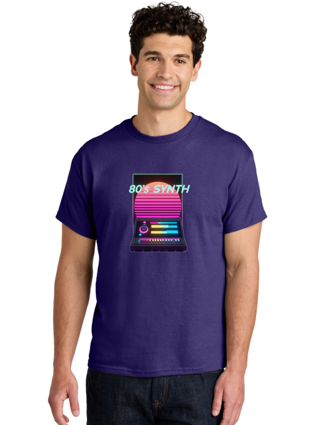 80-S-Synth Men'S Graphic Tee, 100% Cotton, Comfortable Casual Summer Wear, Machine Washable, Vintage Synthesizer, Retro 80S Aesthetic, Electronic Music Equipment, Pink And Orange Hues, Neon Lights, Colorful Sliders, Keyboard, Baa118