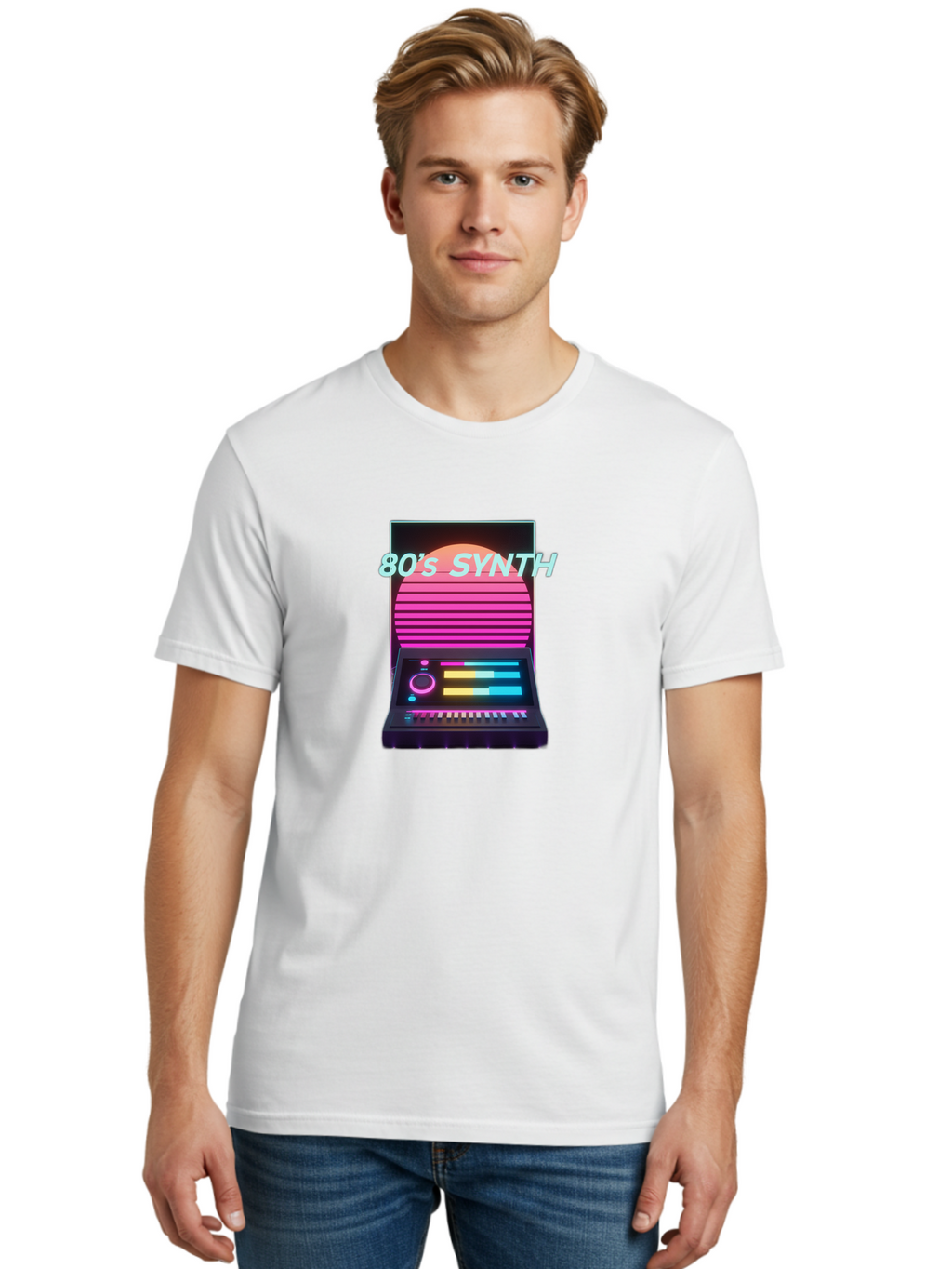 80-S-Synth Men'S Graphic Tee, 100% Cotton, Comfortable Casual Summer Wear, Machine Washable, Vintage Synthesizer, Retro 80S Aesthetic, Electronic Music Equipment, Pink And Orange Hues, Neon Lights, Colorful Sliders, Keyboard, Baa118