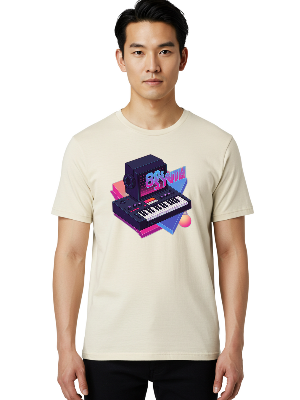 80S-Synth Men'S Graphic Tee, 100% Cotton, Comfortable Casual Summer Wear, Machine Washable, Retro Synthesizer, Vintage Electronic Keyboard, 80S Music Gear, Synthwave, Nostalgic Audio Equipment, Electronic Music Production, Baa119