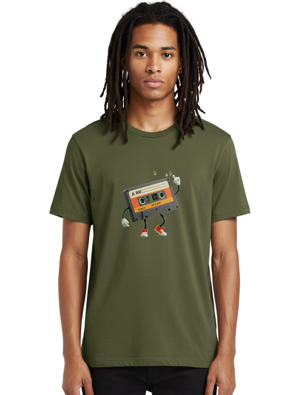A-900 Men'S Graphic Tee, 100% Cotton, Comfortable Casual Summer Wear, Machine Washable, Retro Cassette Mixtape, A 900, Vintage Music, Age Of Saint, Nostalgic Vibes, Funky Character, Orange And Grey, Red Shoes, Thumbs Up, Baa122