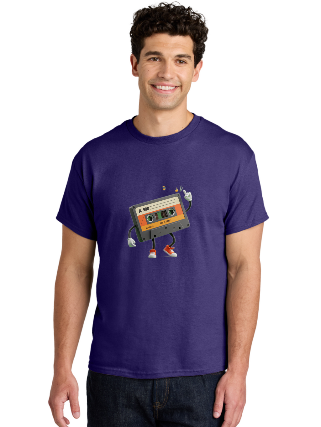 A-900 Men'S Graphic Tee, 100% Cotton, Comfortable Casual Summer Wear, Machine Washable, Retro Cassette Mixtape, A 900, Vintage Music, Age Of Saint, Nostalgic Vibes, Funky Character, Orange And Grey, Red Shoes, Thumbs Up, Baa122