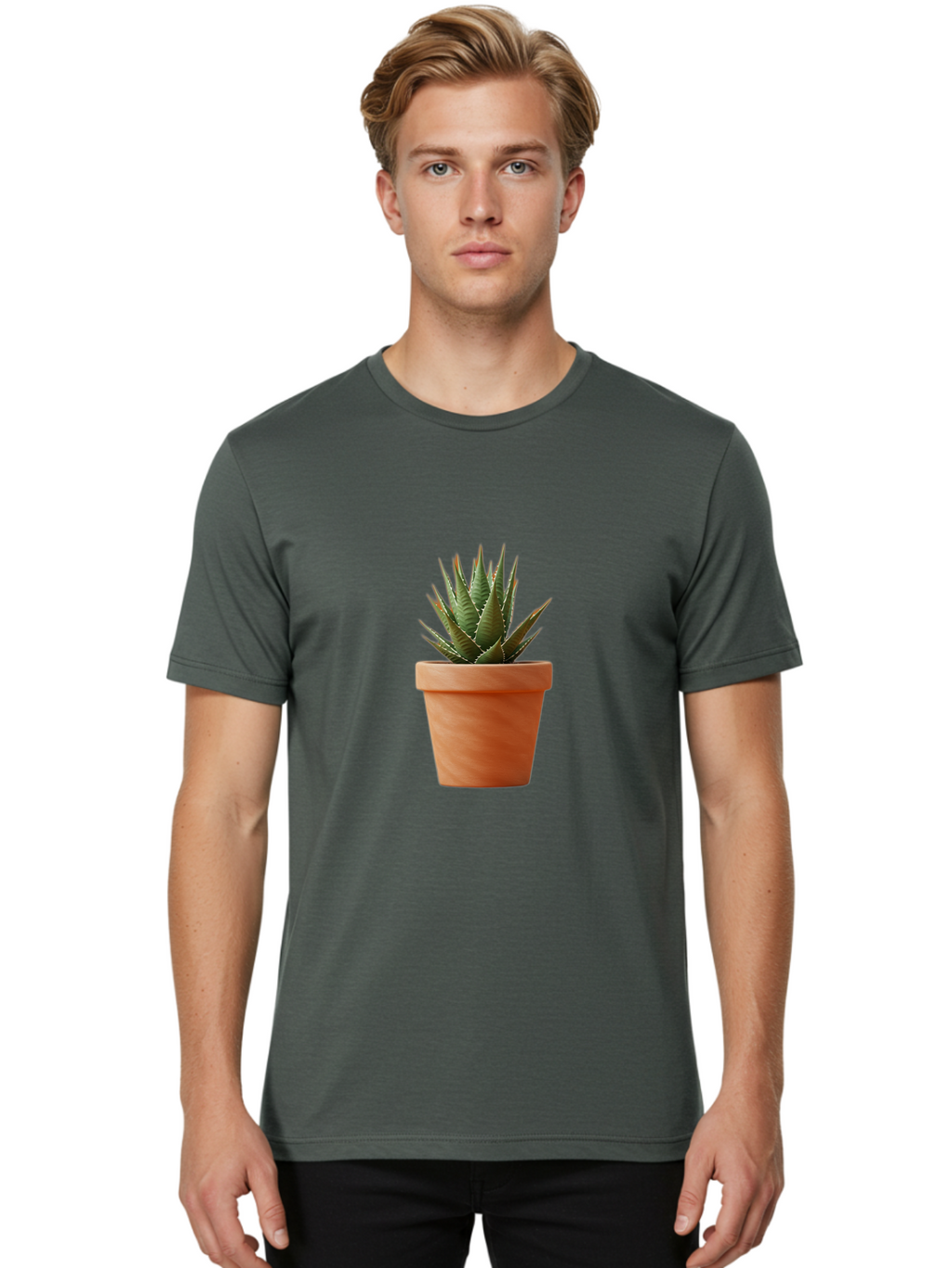 Agave-In-Terracotta-Pot Men'S Graphic Tee, 100% Cotton, Comfortable Casual Summer Wear, Machine Washable, Aloe Vera In Terracotta Pot, Succulent Plant, Indoor Decor, Minimalist Design, Low Maintenance, Green Leaves, Spiky Texture, Home Decor Baa124