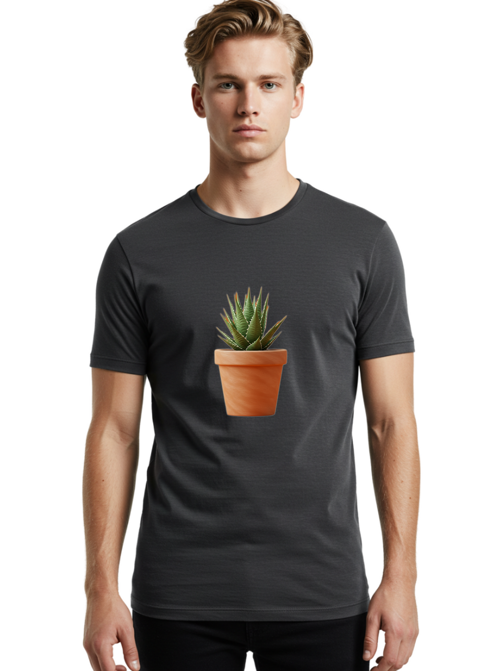 Agave-In-Terracotta-Pot Men'S Graphic Tee, 100% Cotton, Comfortable Casual Summer Wear, Machine Washable, Aloe Vera In Terracotta Pot, Succulent Plant, Indoor Decor, Minimalist Design, Low Maintenance, Green Leaves, Spiky Texture, Home Decor Baa124