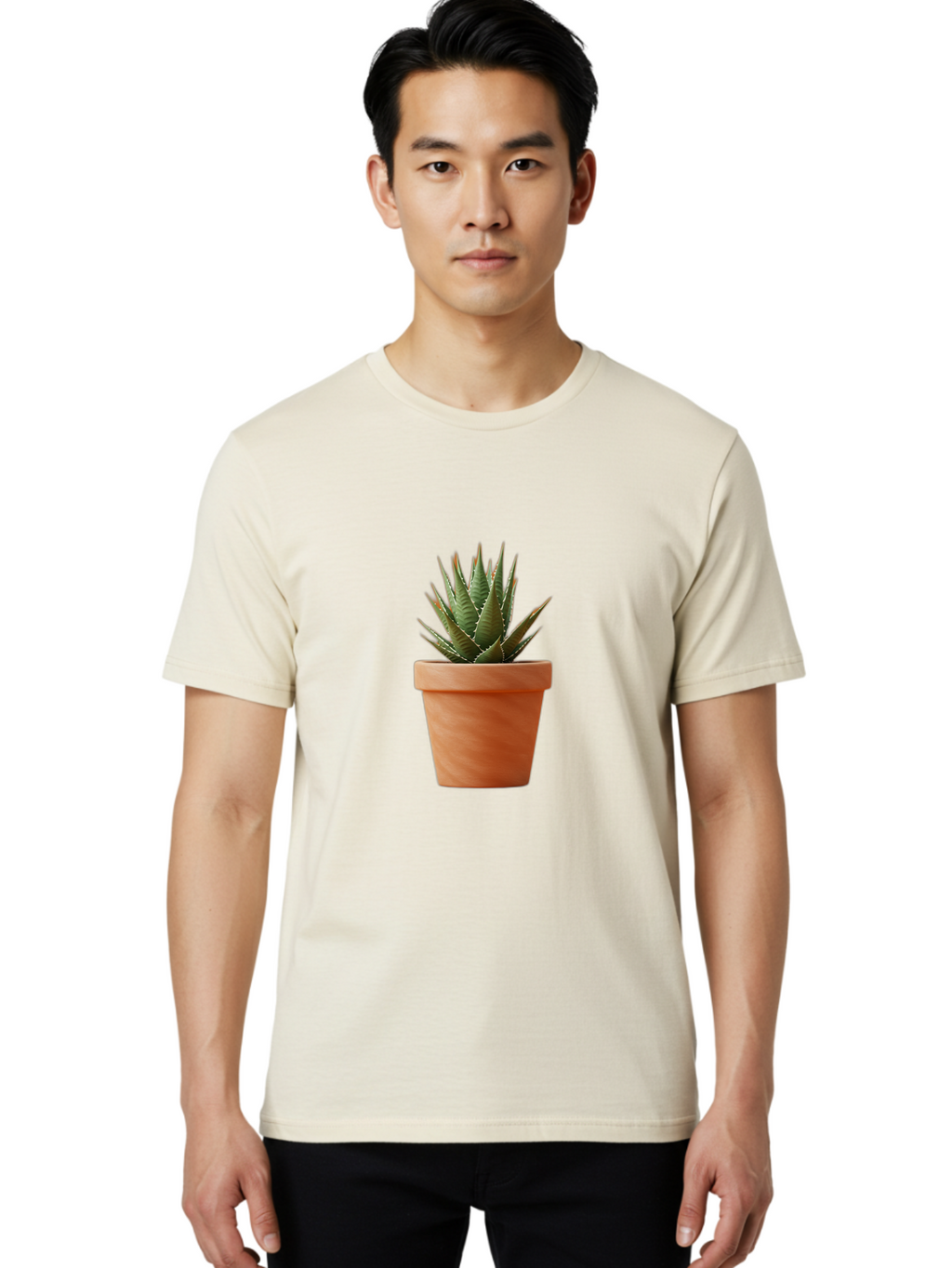 Agave-In-Terracotta-Pot Men'S Graphic Tee, 100% Cotton, Comfortable Casual Summer Wear, Machine Washable, Aloe Vera In Terracotta Pot, Succulent Plant, Indoor Decor, Minimalist Design, Low Maintenance, Green Leaves, Spiky Texture, Home Decor Baa124