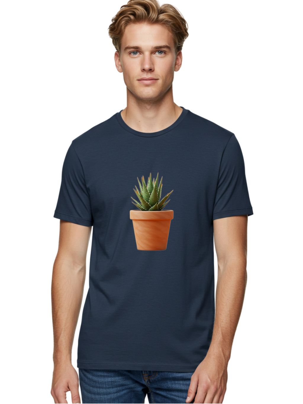 Agave-In-Terracotta-Pot Men'S Graphic Tee, 100% Cotton, Comfortable Casual Summer Wear, Machine Washable, Aloe Vera In Terracotta Pot, Succulent Plant, Indoor Decor, Minimalist Design, Low Maintenance, Green Leaves, Spiky Texture, Home Decor Baa124