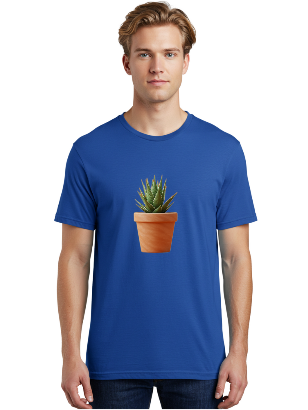 Agave-In-Terracotta-Pot Men'S Graphic Tee, 100% Cotton, Comfortable Casual Summer Wear, Machine Washable, Aloe Vera In Terracotta Pot, Succulent Plant, Indoor Decor, Minimalist Design, Low Maintenance, Green Leaves, Spiky Texture, Home Decor Baa124