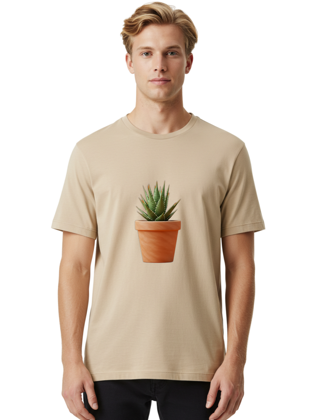 Agave-In-Terracotta-Pot Men'S Graphic Tee, 100% Cotton, Comfortable Casual Summer Wear, Machine Washable, Aloe Vera In Terracotta Pot, Succulent Plant, Indoor Decor, Minimalist Design, Low Maintenance, Green Leaves, Spiky Texture, Home Decor Baa124