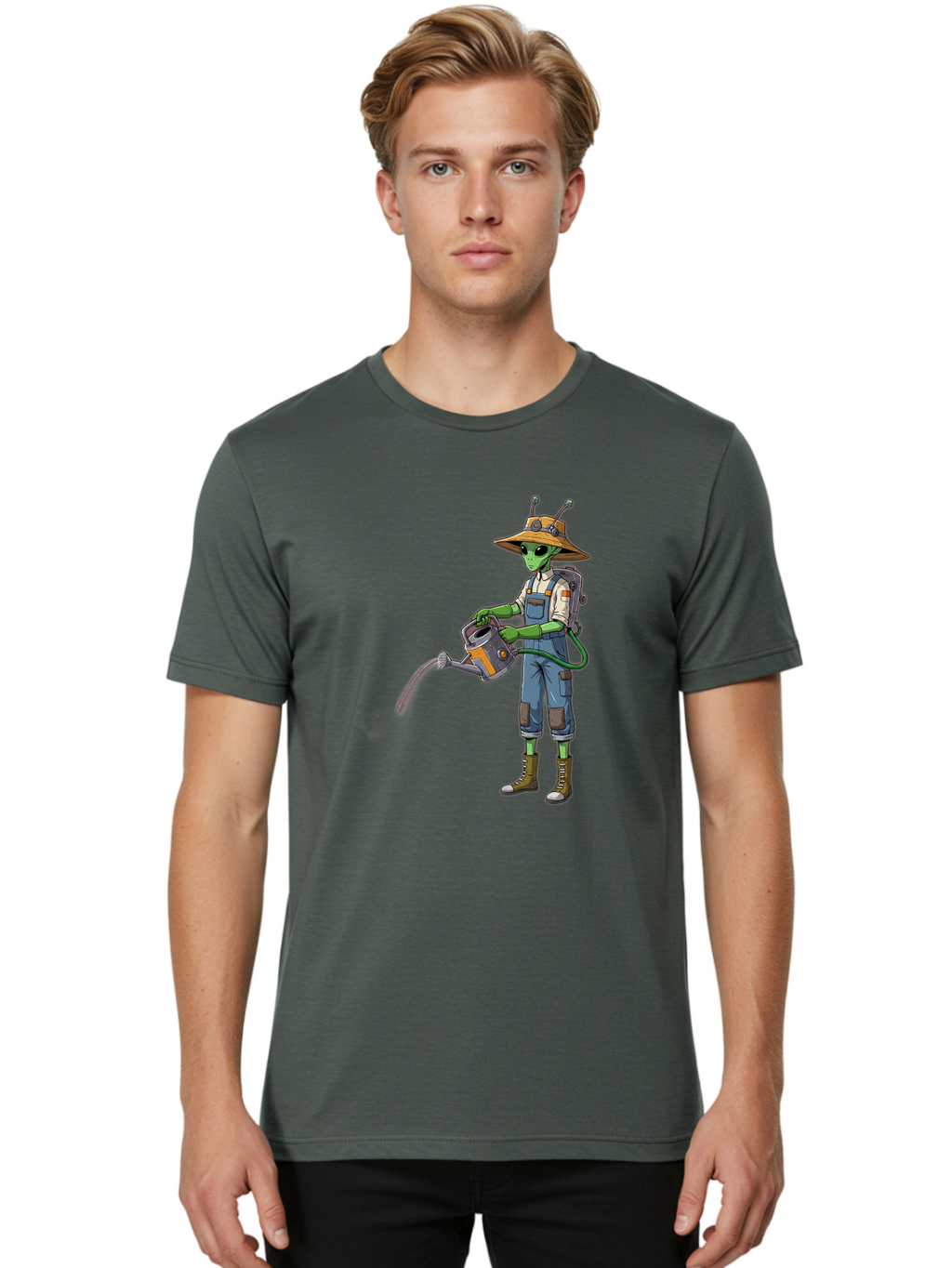 Alien-Gardener Men'S Graphic Tee, 100% Cotton, Comfortable Casual Summer Wear, Machine Washable, Alien Gardener, Watering Can, Gardening Tools, Green Skin, Futuristic Gardening, Cartoon Character, Science Fiction, Gardening Gloves, Overalls, Baa127