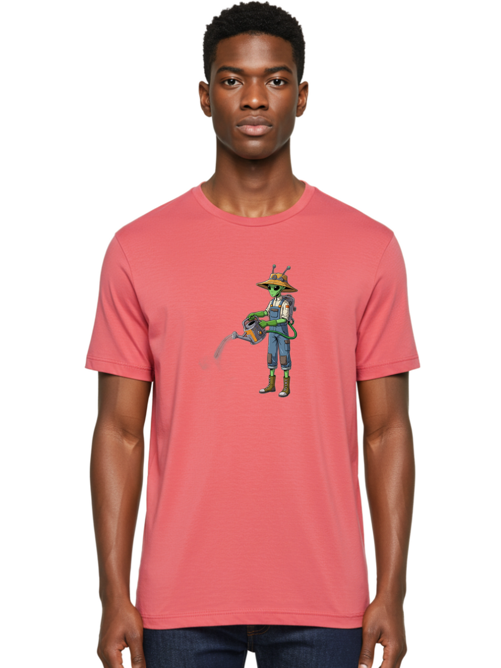 Alien-Gardener Men'S Graphic Tee, 100% Cotton, Comfortable Casual Summer Wear, Machine Washable, Alien Gardener, Watering Can, Gardening Tools, Green Skin, Futuristic Gardening, Cartoon Character, Science Fiction, Gardening Gloves, Overalls, Baa127