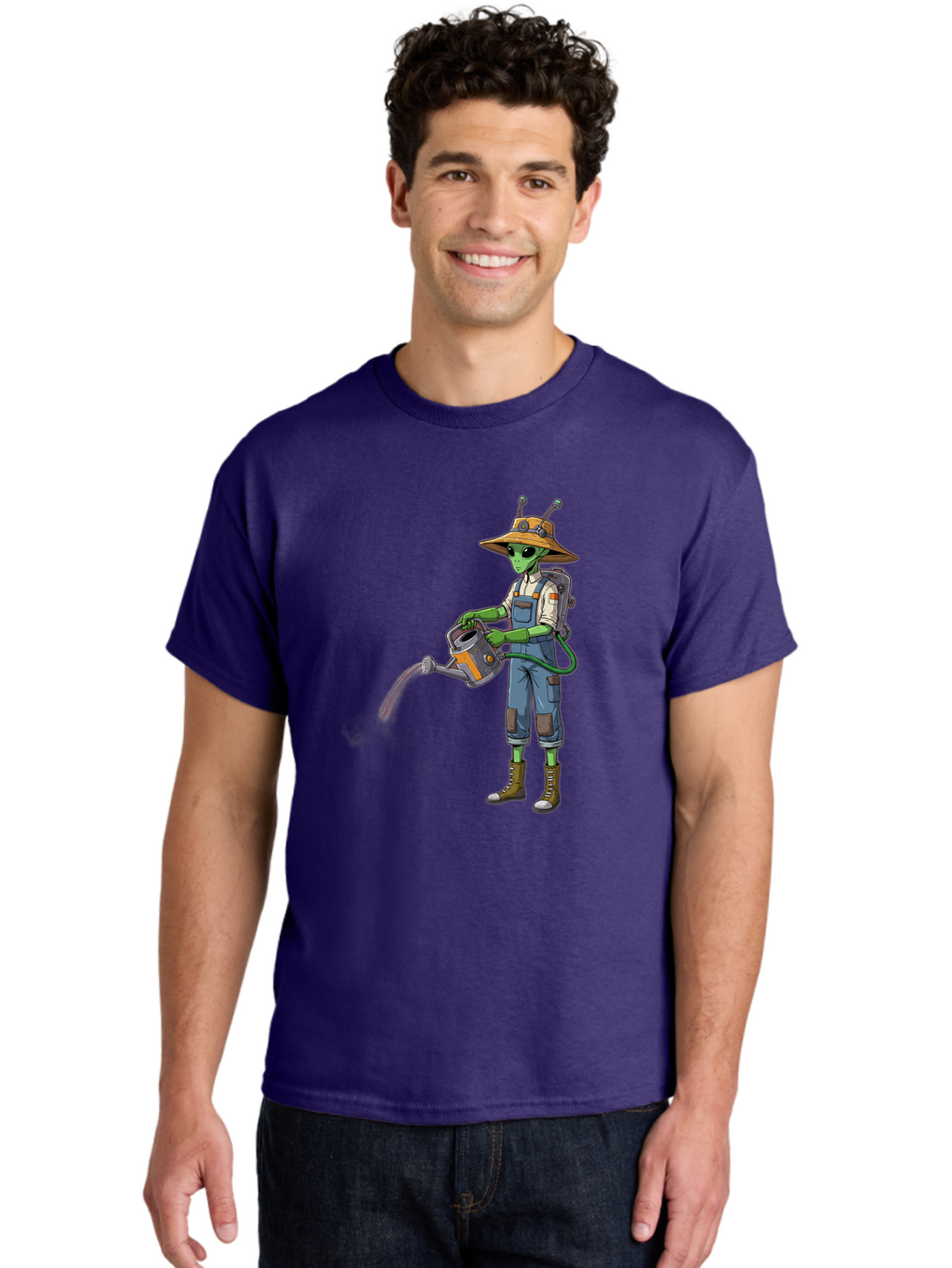 Alien-Gardener Men'S Graphic Tee, 100% Cotton, Comfortable Casual Summer Wear, Machine Washable, Alien Gardener, Watering Can, Gardening Tools, Green Skin, Futuristic Gardening, Cartoon Character, Science Fiction, Gardening Gloves, Overalls, Baa127