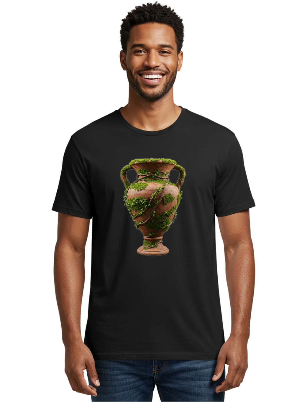 Amphora Men'S Graphic Tee, 100% Cotton, Comfortable Casual Summer Wear, Machine Washable, Moss And Vines, Terracotta Vase, Greenery, Rustic Charm, Natural Decor, Earthy Tones, Botanical Elements, Vintage Pottery, Eclectic Style Baa128