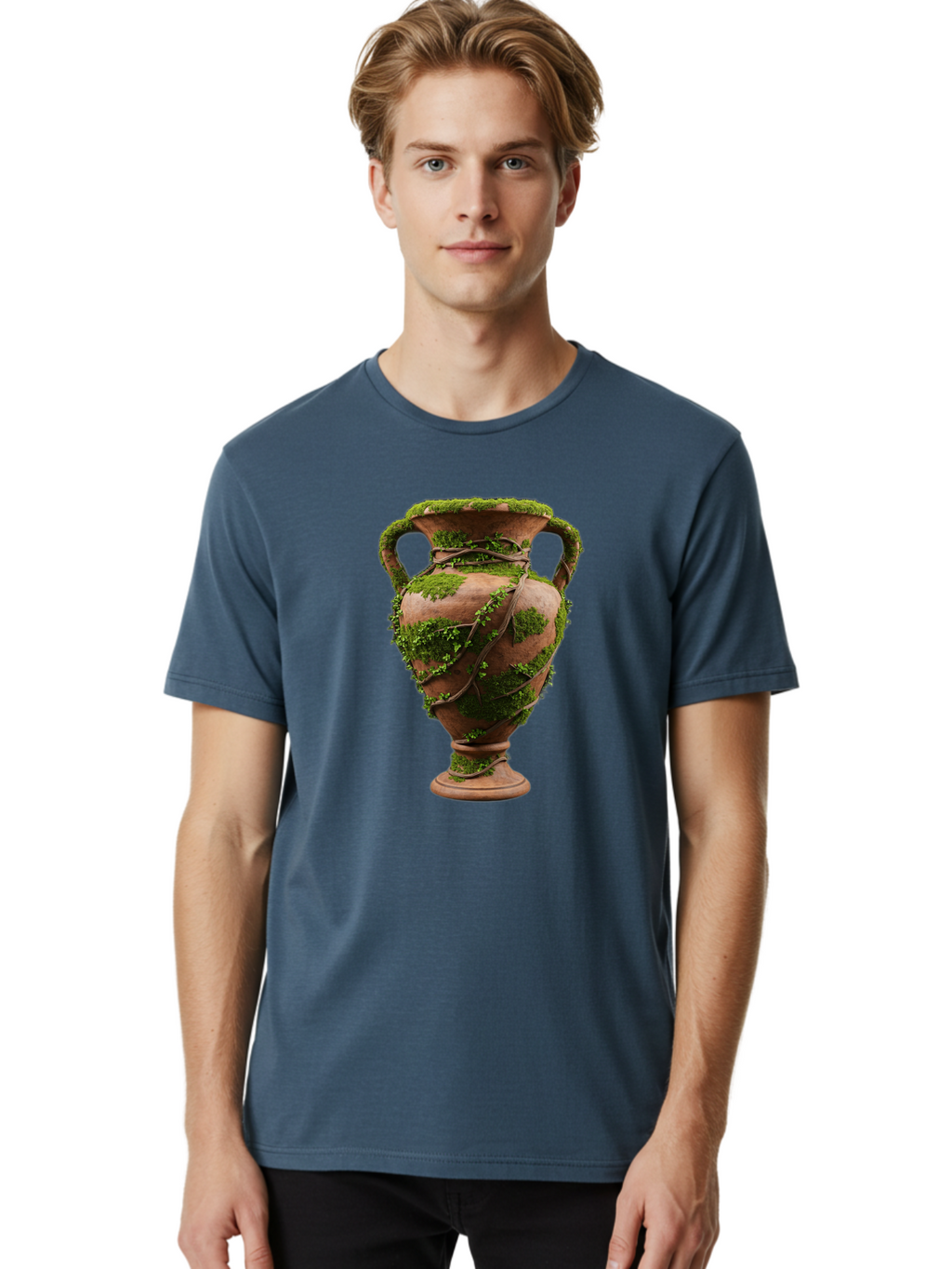 Amphora Men'S Graphic Tee, 100% Cotton, Comfortable Casual Summer Wear, Machine Washable, Moss And Vines, Terracotta Vase, Greenery, Rustic Charm, Natural Decor, Earthy Tones, Botanical Elements, Vintage Pottery, Eclectic Style Baa128