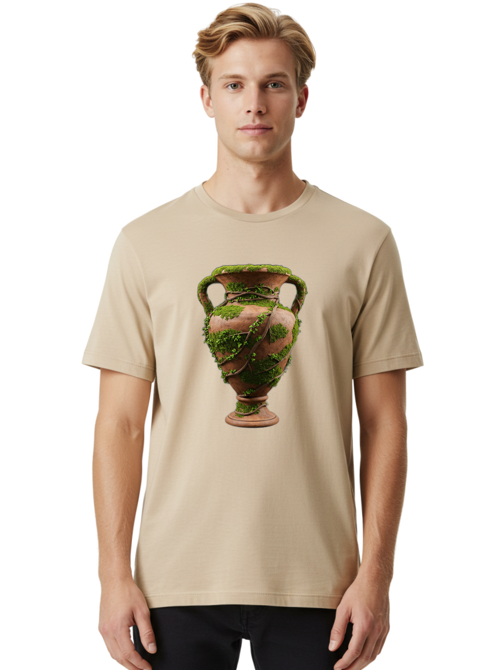 Amphora Men'S Graphic Tee, 100% Cotton, Comfortable Casual Summer Wear, Machine Washable, Moss And Vines, Terracotta Vase, Greenery, Rustic Charm, Natural Decor, Earthy Tones, Botanical Elements, Vintage Pottery, Eclectic Style Baa128