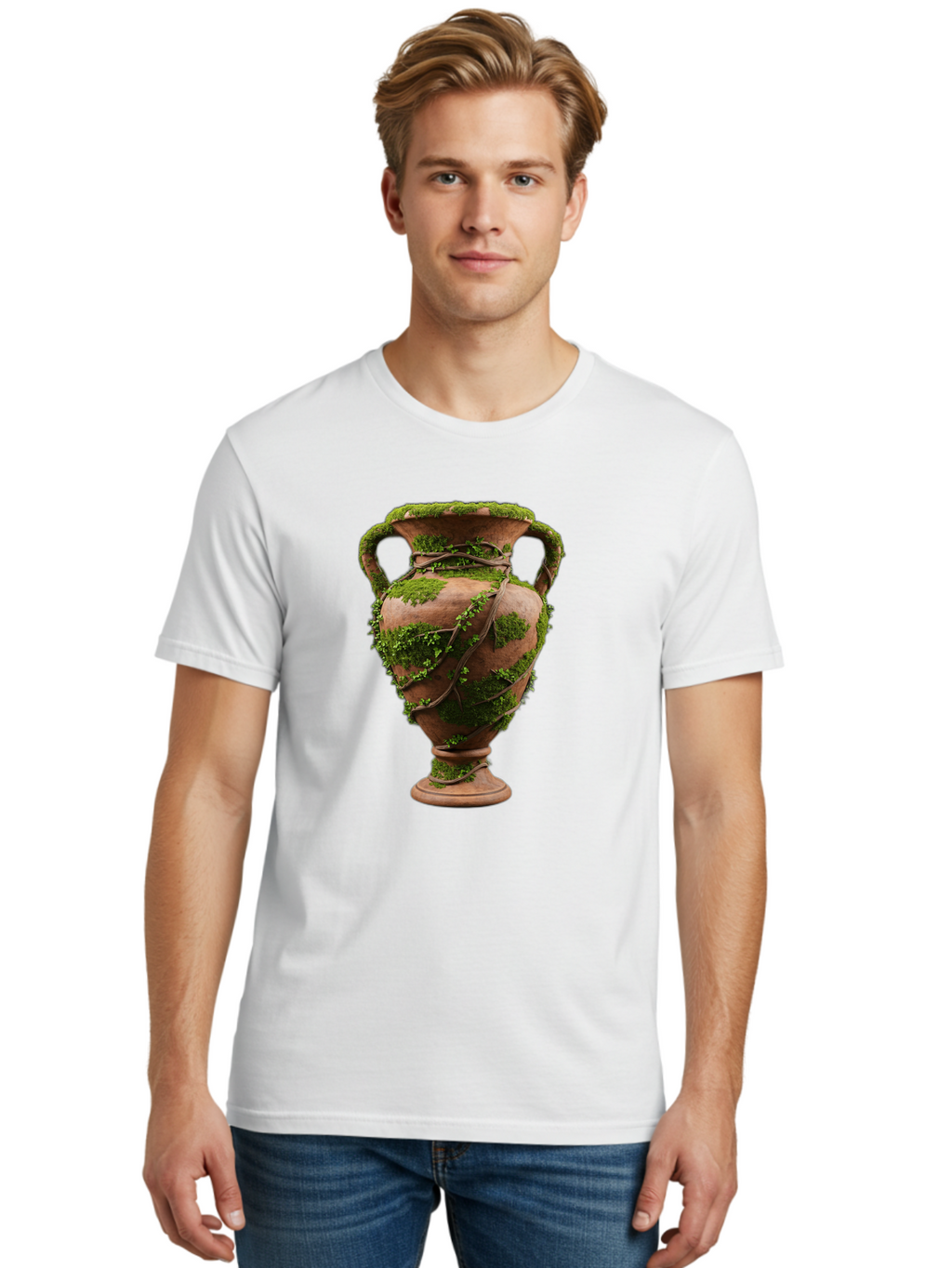 Amphora Men'S Graphic Tee, 100% Cotton, Comfortable Casual Summer Wear, Machine Washable, Moss And Vines, Terracotta Vase, Greenery, Rustic Charm, Natural Decor, Earthy Tones, Botanical Elements, Vintage Pottery, Eclectic Style Baa128