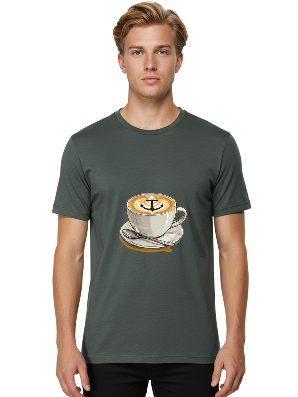Anchor-Coffee Men'S Graphic Tee, 100% Cotton, Comfortable Casual Summer Wear, Machine Washable, Latte Art, Coffee Cup, Coffee Design, Anchor Symbol, Coffee Culture, Artistic Coffee, Coffee Drink, Saucer And Spoon, Coffee Art Baa129