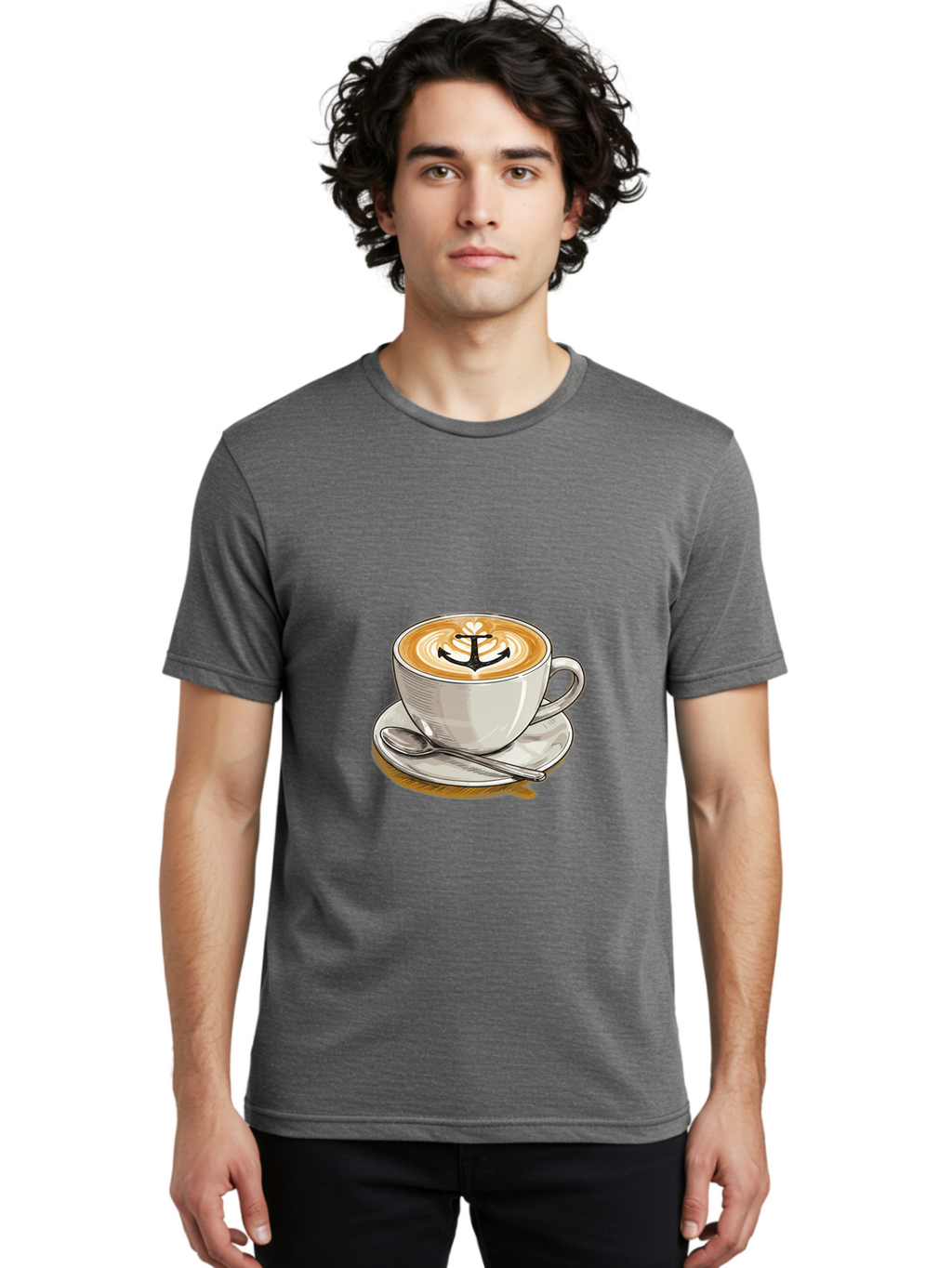 Anchor-Coffee Men'S Graphic Tee, 100% Cotton, Comfortable Casual Summer Wear, Machine Washable, Latte Art, Coffee Cup, Coffee Design, Anchor Symbol, Coffee Culture, Artistic Coffee, Coffee Drink, Saucer And Spoon, Coffee Art Baa129