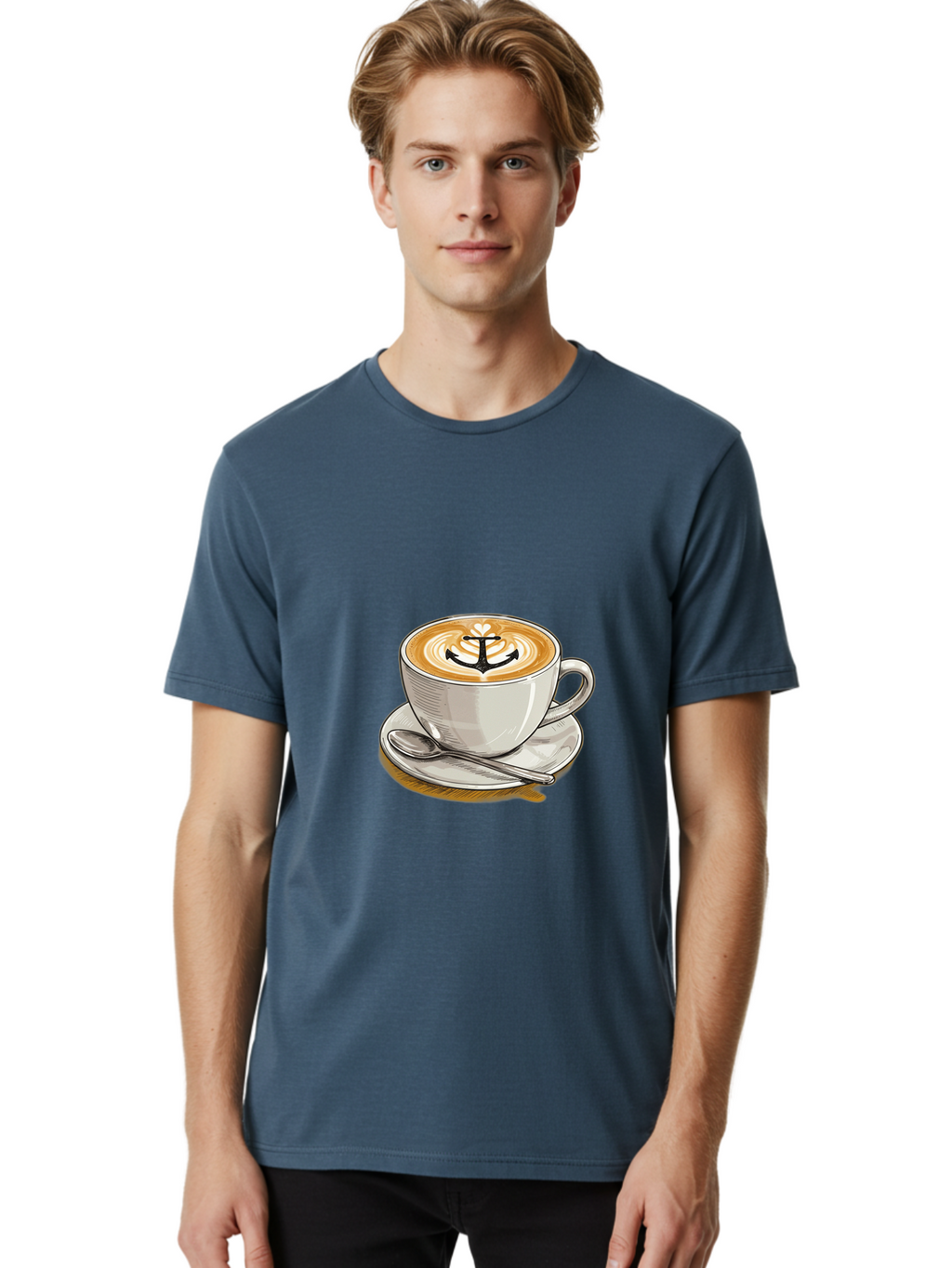 Anchor-Coffee Men'S Graphic Tee, 100% Cotton, Comfortable Casual Summer Wear, Machine Washable, Latte Art, Coffee Cup, Coffee Design, Anchor Symbol, Coffee Culture, Artistic Coffee, Coffee Drink, Saucer And Spoon, Coffee Art Baa129