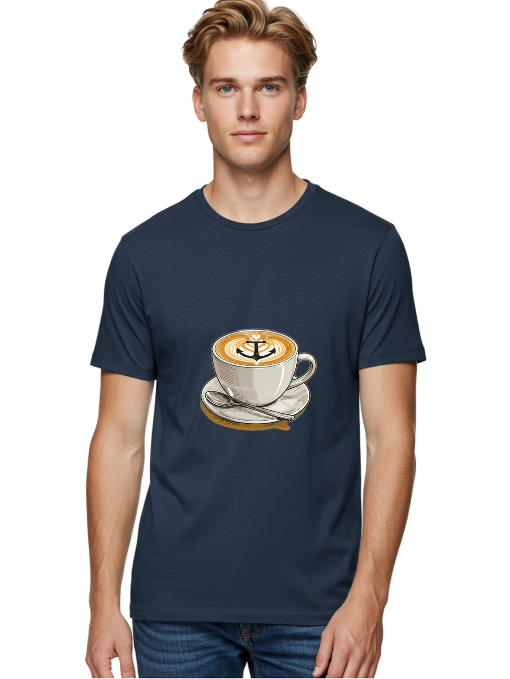 Anchor-Coffee Men'S Graphic Tee, 100% Cotton, Comfortable Casual Summer Wear, Machine Washable, Latte Art, Coffee Cup, Coffee Design, Anchor Symbol, Coffee Culture, Artistic Coffee, Coffee Drink, Saucer And Spoon, Coffee Art Baa129