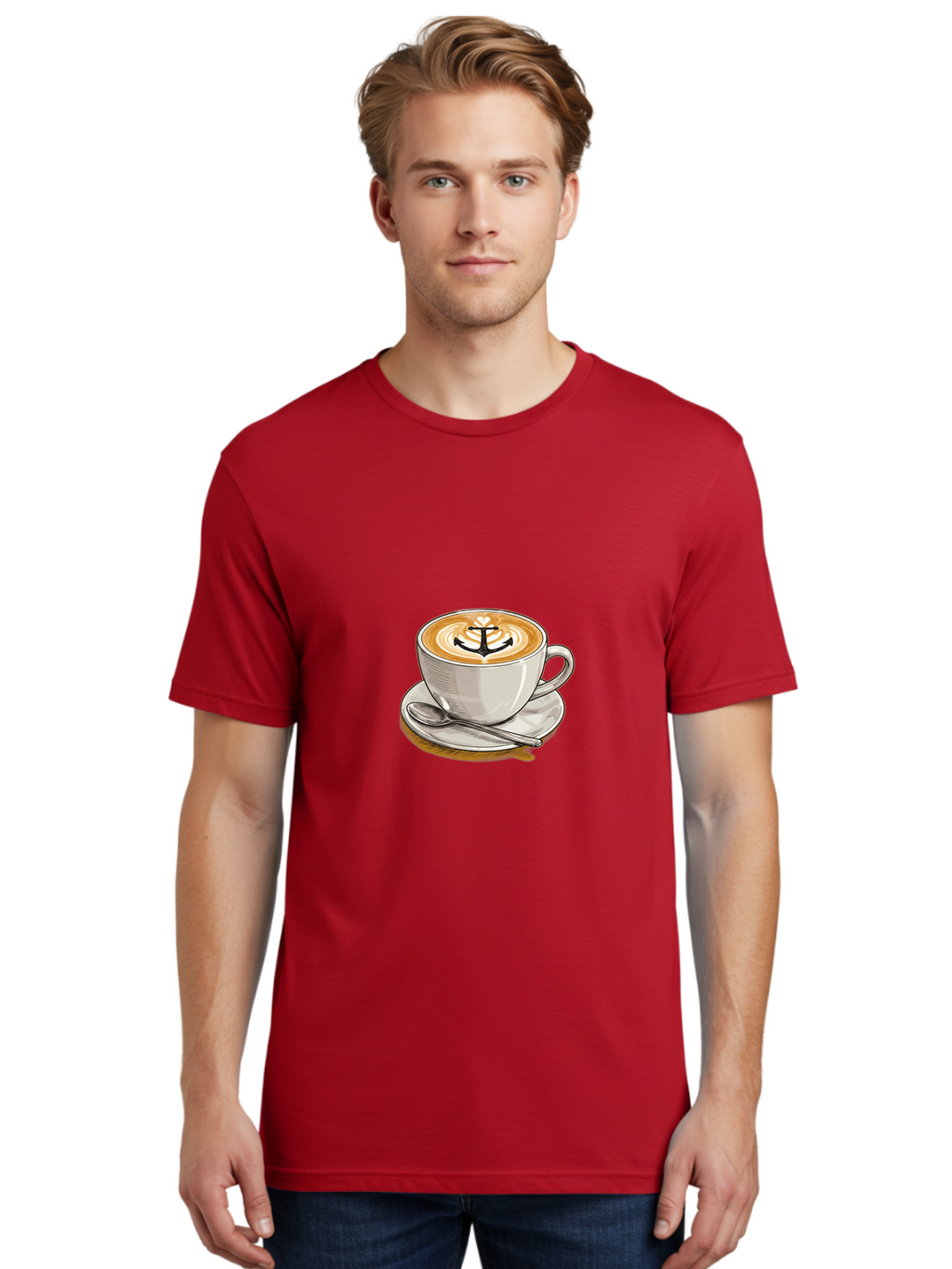 Anchor-Coffee Men'S Graphic Tee, 100% Cotton, Comfortable Casual Summer Wear, Machine Washable, Latte Art, Coffee Cup, Coffee Design, Anchor Symbol, Coffee Culture, Artistic Coffee, Coffee Drink, Saucer And Spoon, Coffee Art Baa129