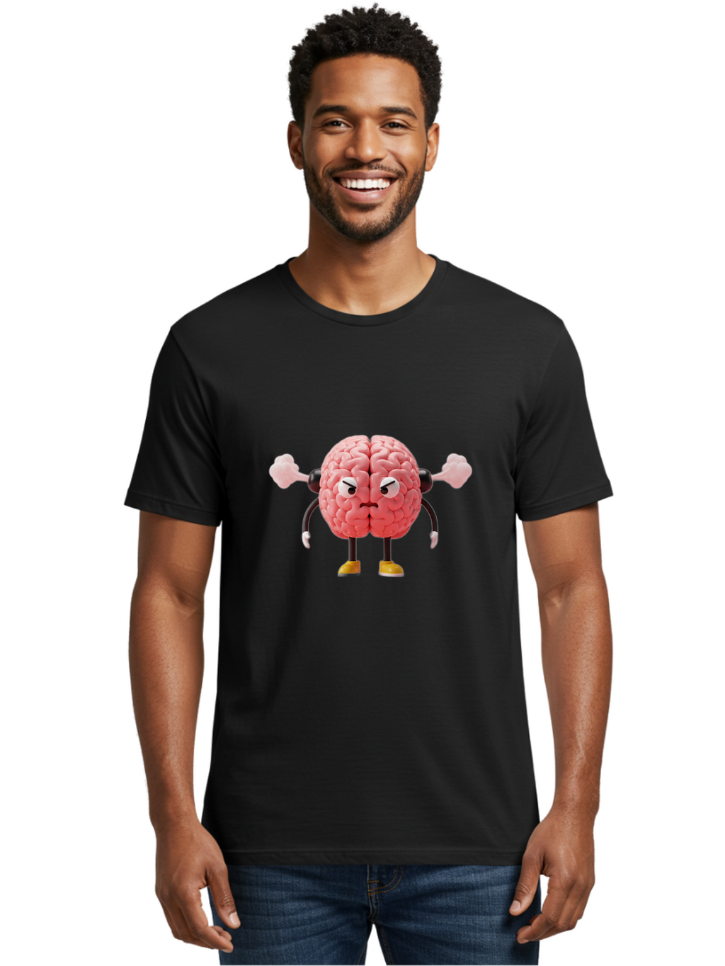 Angry-Brain-1 Men'S Graphic Tee, 100% Cotton, Comfortable Casual Summer Wear, Machine Washable, Angry Brain Character, Flexing Arms, Strong Brain, Cartoon Brain, Humorous Illustration, Brain With Attitude, Funny Brain Character, Baa130