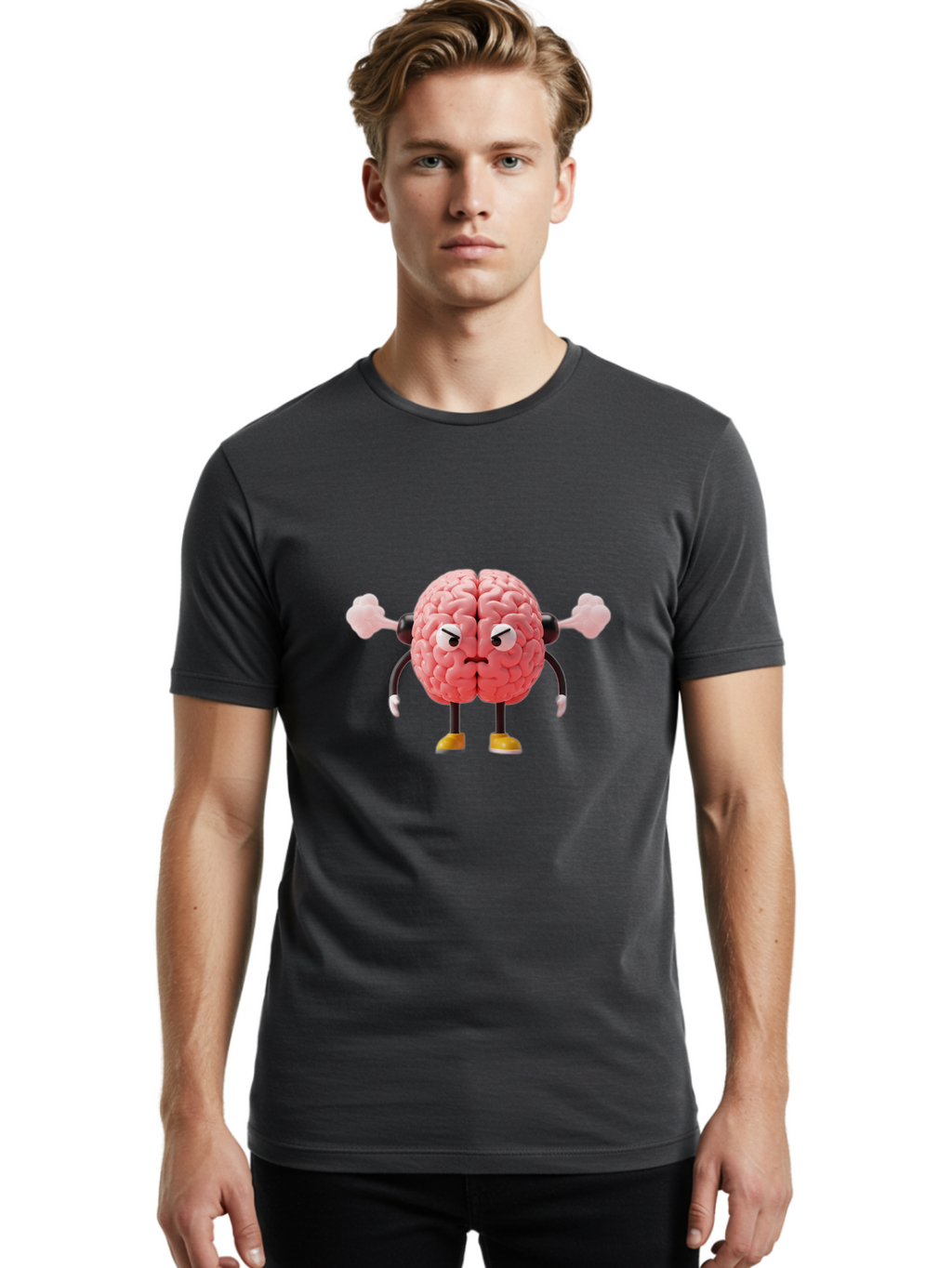 Angry-Brain-1 Men'S Graphic Tee, 100% Cotton, Comfortable Casual Summer Wear, Machine Washable, Angry Brain Character, Flexing Arms, Strong Brain, Cartoon Brain, Humorous Illustration, Brain With Attitude, Funny Brain Character, Baa130
