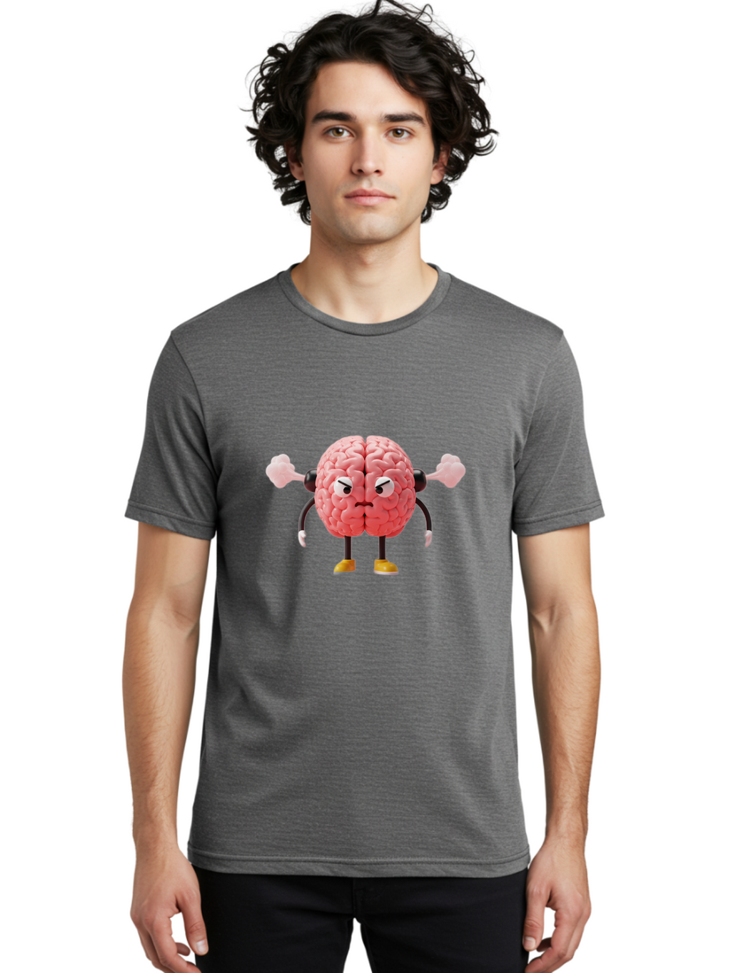 Angry-Brain-1 Men'S Graphic Tee, 100% Cotton, Comfortable Casual Summer Wear, Machine Washable, Angry Brain Character, Flexing Arms, Strong Brain, Cartoon Brain, Humorous Illustration, Brain With Attitude, Funny Brain Character, Baa130