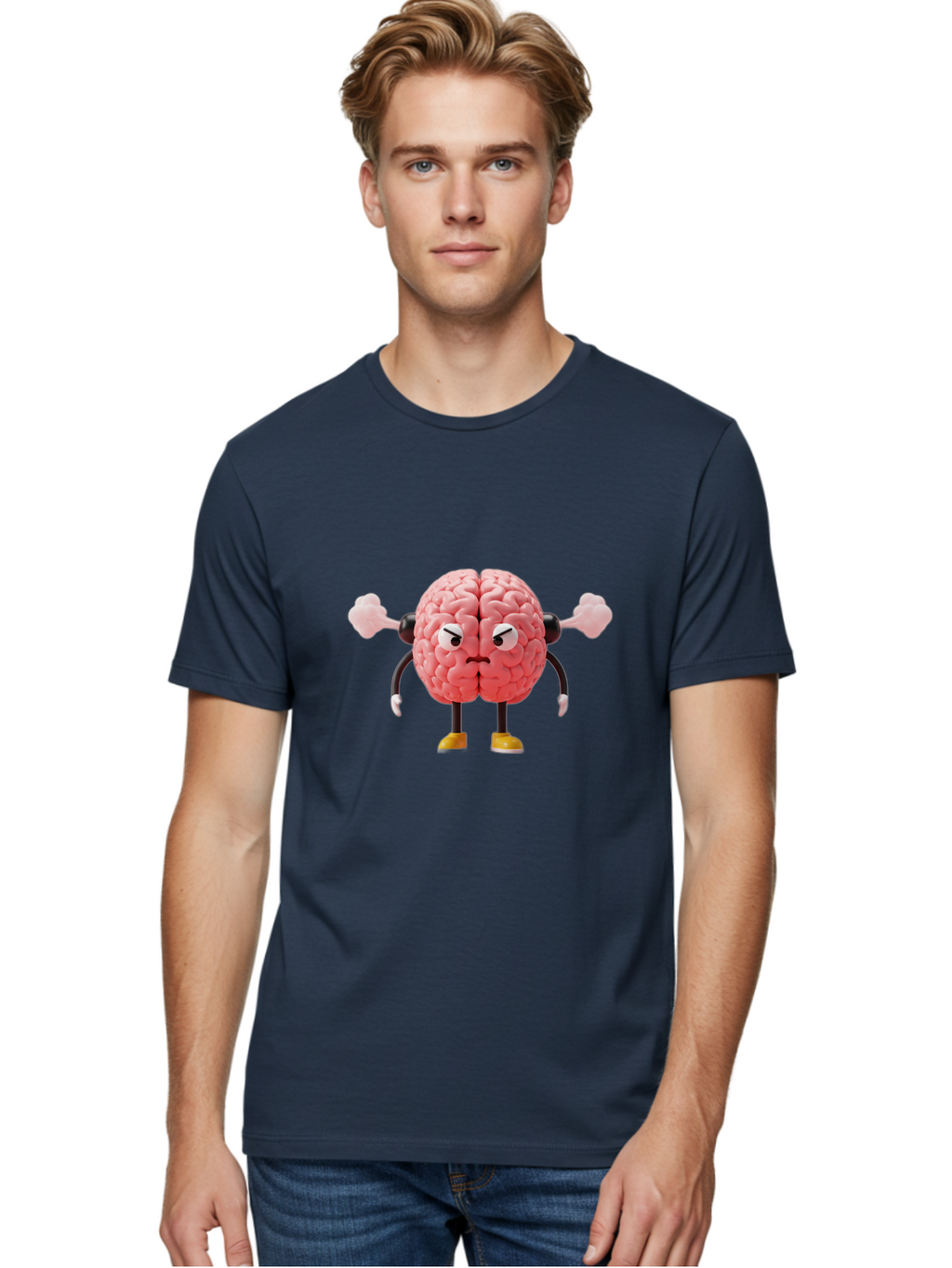 Angry-Brain-1 Men'S Graphic Tee, 100% Cotton, Comfortable Casual Summer Wear, Machine Washable, Angry Brain Character, Flexing Arms, Strong Brain, Cartoon Brain, Humorous Illustration, Brain With Attitude, Funny Brain Character, Baa130
