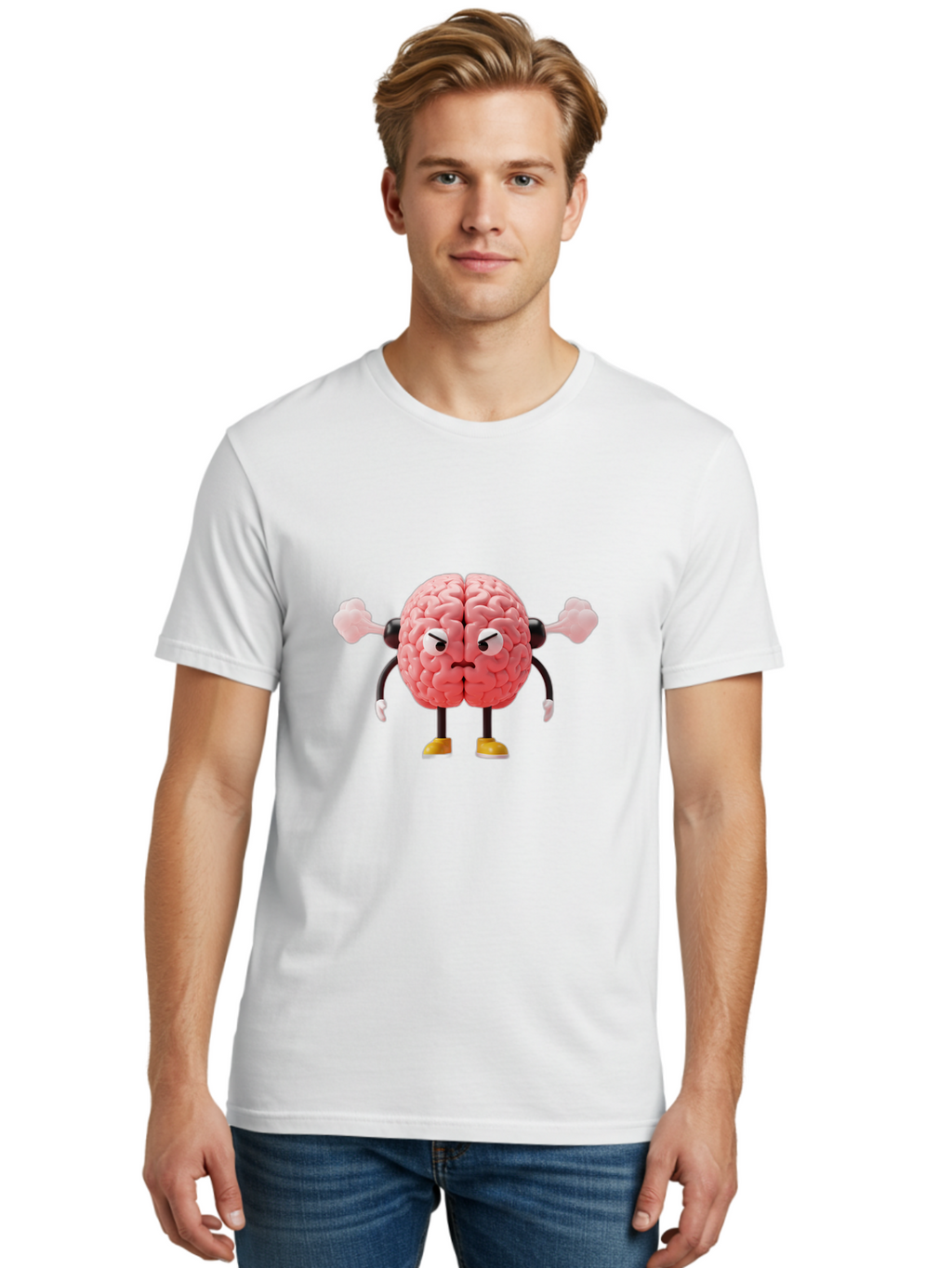Angry-Brain-1 Men'S Graphic Tee, 100% Cotton, Comfortable Casual Summer Wear, Machine Washable, Angry Brain Character, Flexing Arms, Strong Brain, Cartoon Brain, Humorous Illustration, Brain With Attitude, Funny Brain Character, Baa130