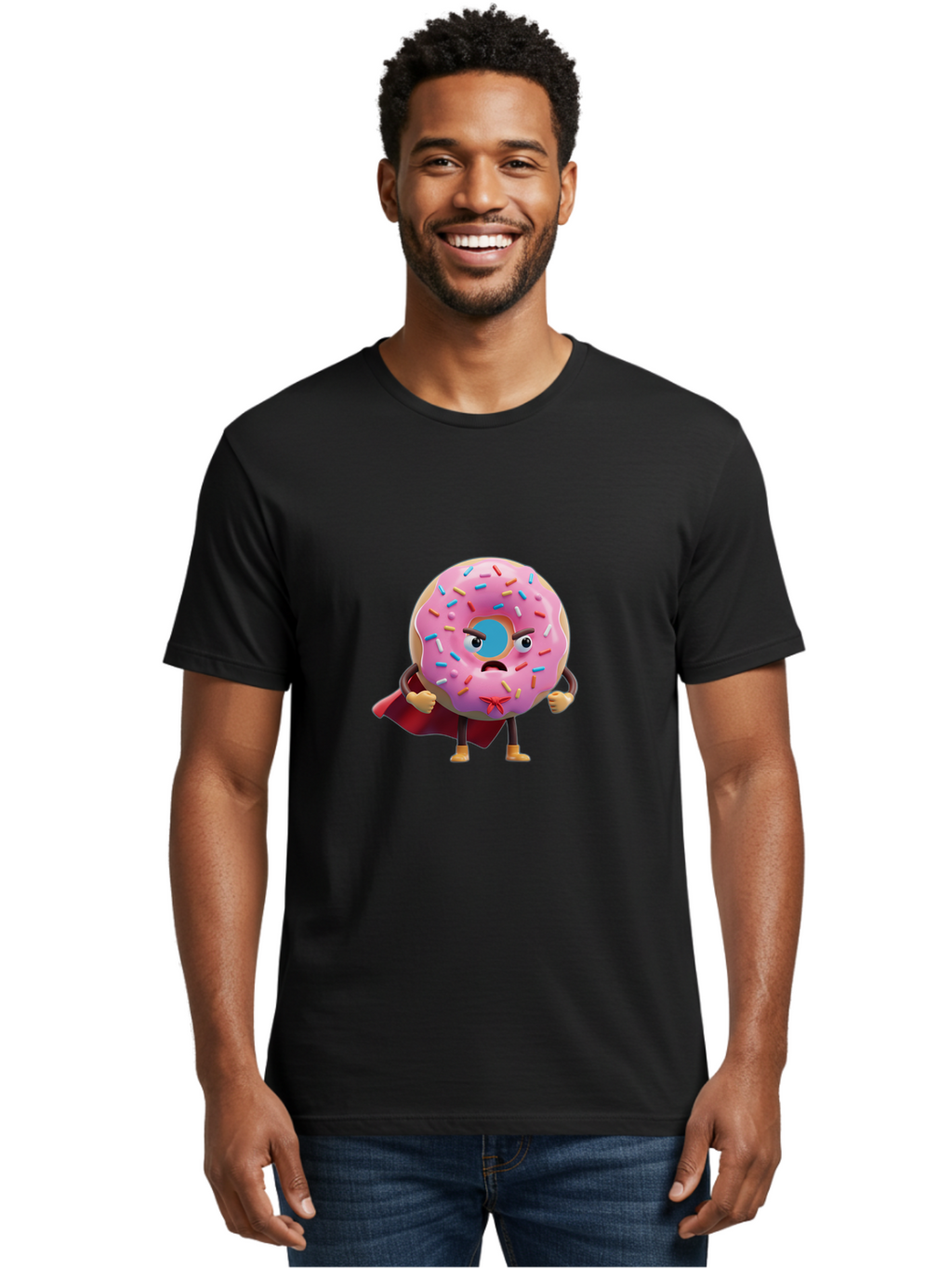 Angry-Donut-Superhero Men'S Graphic Tee, 100% Cotton, Comfortable Casual Summer Wear, Machine Washable, Pink Frosted Donut With Sprinkles, Angry Face, Superhero Cape, Funny Character, Comical Expression, Sweet Treat, Cartoon Character Baa133