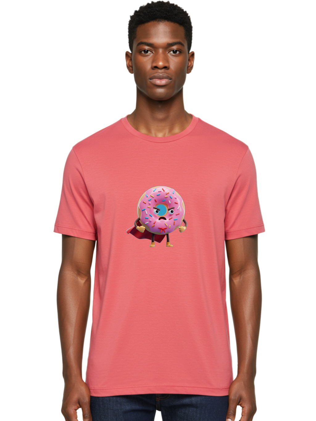 Angry-Donut-Superhero Men'S Graphic Tee, 100% Cotton, Comfortable Casual Summer Wear, Machine Washable, Pink Frosted Donut With Sprinkles, Angry Face, Superhero Cape, Funny Character, Comical Expression, Sweet Treat, Cartoon Character Baa133
