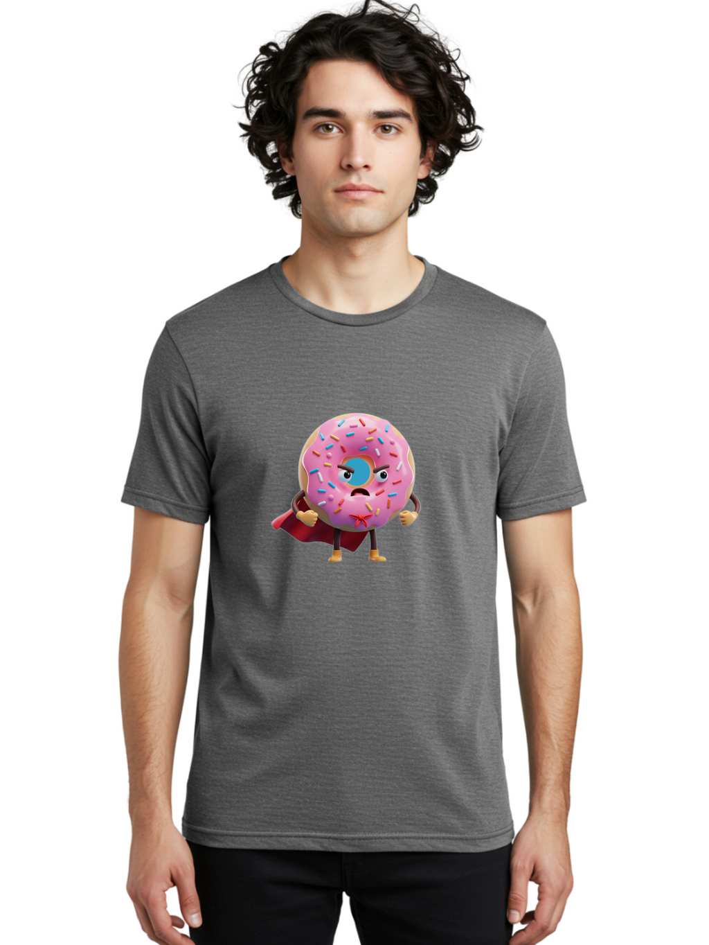 Angry-Donut-Superhero Men'S Graphic Tee, 100% Cotton, Comfortable Casual Summer Wear, Machine Washable, Pink Frosted Donut With Sprinkles, Angry Face, Superhero Cape, Funny Character, Comical Expression, Sweet Treat, Cartoon Character Baa133