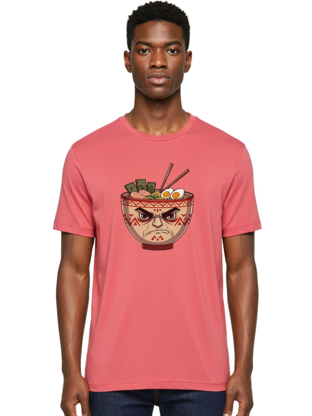 Angry-Ramen Men'S Graphic Tee, 100% Cotton, Comfortable Casual Summer Wear, Machine Washable, Angry Ramen Bowl, Angry Face, Ramen Noodles, Boiled Egg, Seaweed, Chopsticks, Kawaii, Cartoon Character, Ramen Toppings, Angry Eyes Baa134