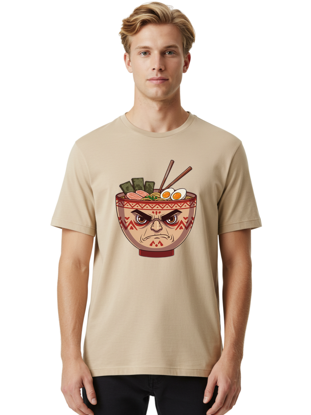 Angry-Ramen Men'S Graphic Tee, 100% Cotton, Comfortable Casual Summer Wear, Machine Washable, Angry Ramen Bowl, Angry Face, Ramen Noodles, Boiled Egg, Seaweed, Chopsticks, Kawaii, Cartoon Character, Ramen Toppings, Angry Eyes Baa134