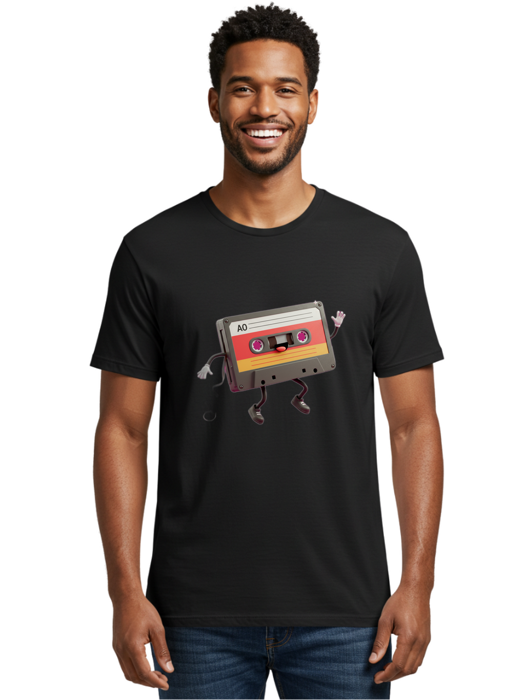 Ao-Cassette Men'S Graphic Tee, 100% Cotton, Comfortable Casual Summer Wear, Machine Washable, Retro Cassette Tape, Character Design, Anthropomorphic Object, Music Nostalgia, Vintage Technology, 80S And 90S Memorabilia, Funky Illustration, Baa136
