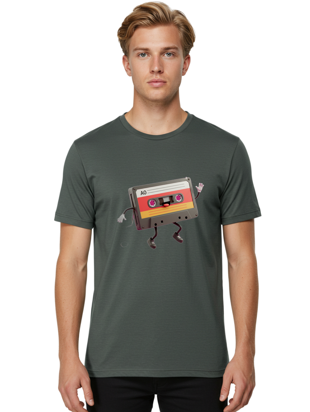 Ao-Cassette Men'S Graphic Tee, 100% Cotton, Comfortable Casual Summer Wear, Machine Washable, Retro Cassette Tape, Character Design, Anthropomorphic Object, Music Nostalgia, Vintage Technology, 80S And 90S Memorabilia, Funky Illustration, Baa136