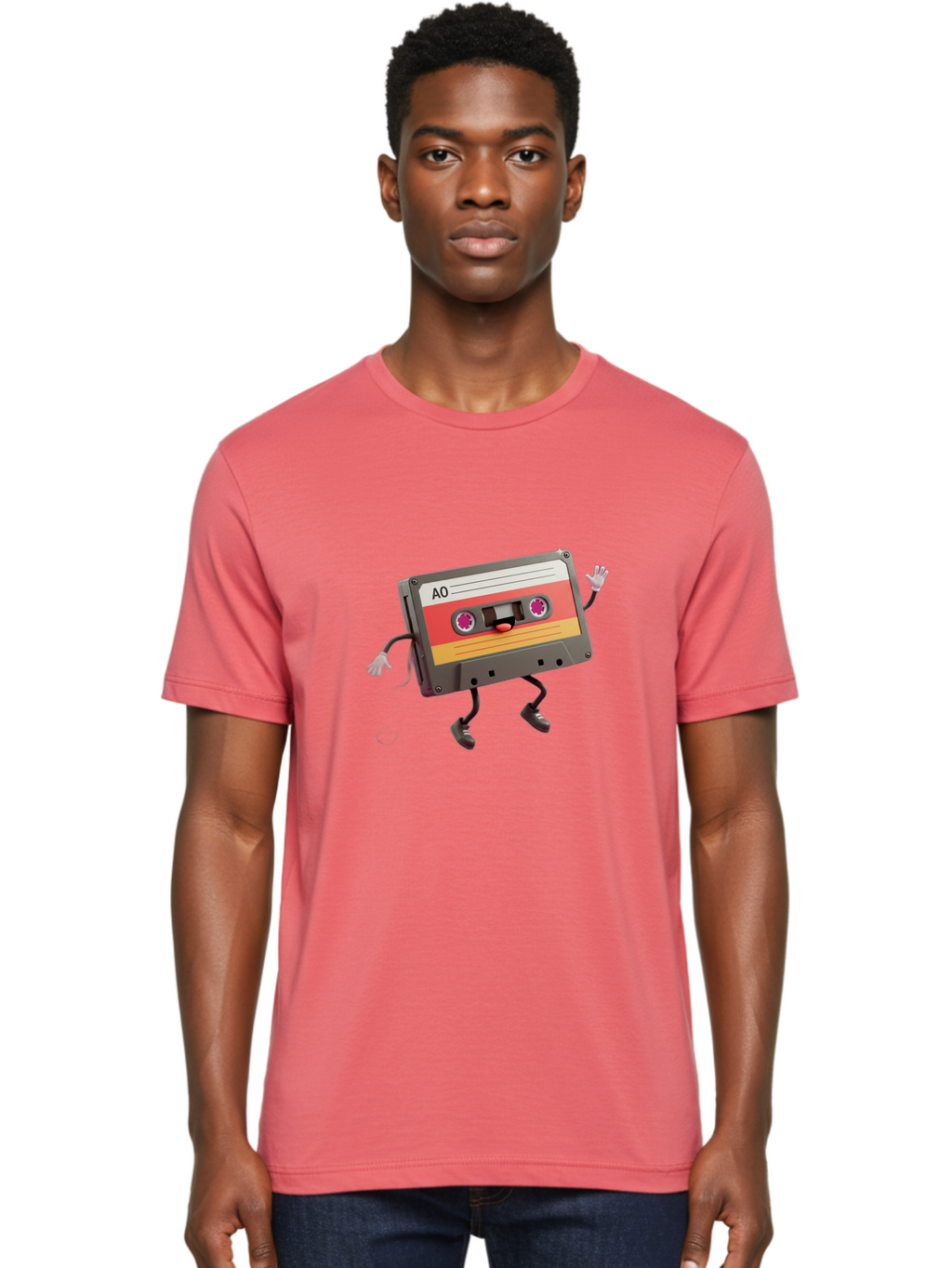 Ao-Cassette Men'S Graphic Tee, 100% Cotton, Comfortable Casual Summer Wear, Machine Washable, Retro Cassette Tape, Character Design, Anthropomorphic Object, Music Nostalgia, Vintage Technology, 80S And 90S Memorabilia, Funky Illustration, Baa136