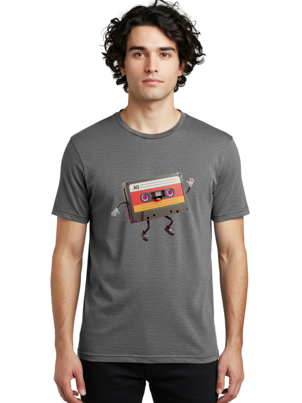 Ao-Cassette Men'S Graphic Tee, 100% Cotton, Comfortable Casual Summer Wear, Machine Washable, Retro Cassette Tape, Character Design, Anthropomorphic Object, Music Nostalgia, Vintage Technology, 80S And 90S Memorabilia, Funky Illustration, Baa136