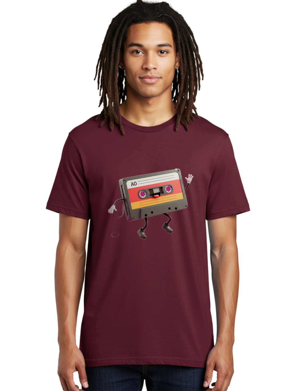 Ao-Cassette Men'S Graphic Tee, 100% Cotton, Comfortable Casual Summer Wear, Machine Washable, Retro Cassette Tape, Character Design, Anthropomorphic Object, Music Nostalgia, Vintage Technology, 80S And 90S Memorabilia, Funky Illustration, Baa136