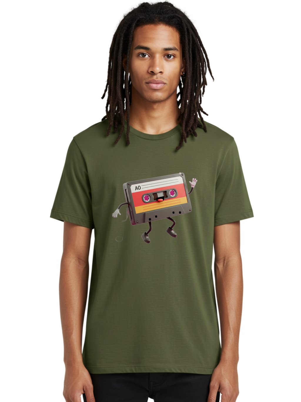 Ao-Cassette Men'S Graphic Tee, 100% Cotton, Comfortable Casual Summer Wear, Machine Washable, Retro Cassette Tape, Character Design, Anthropomorphic Object, Music Nostalgia, Vintage Technology, 80S And 90S Memorabilia, Funky Illustration, Baa136